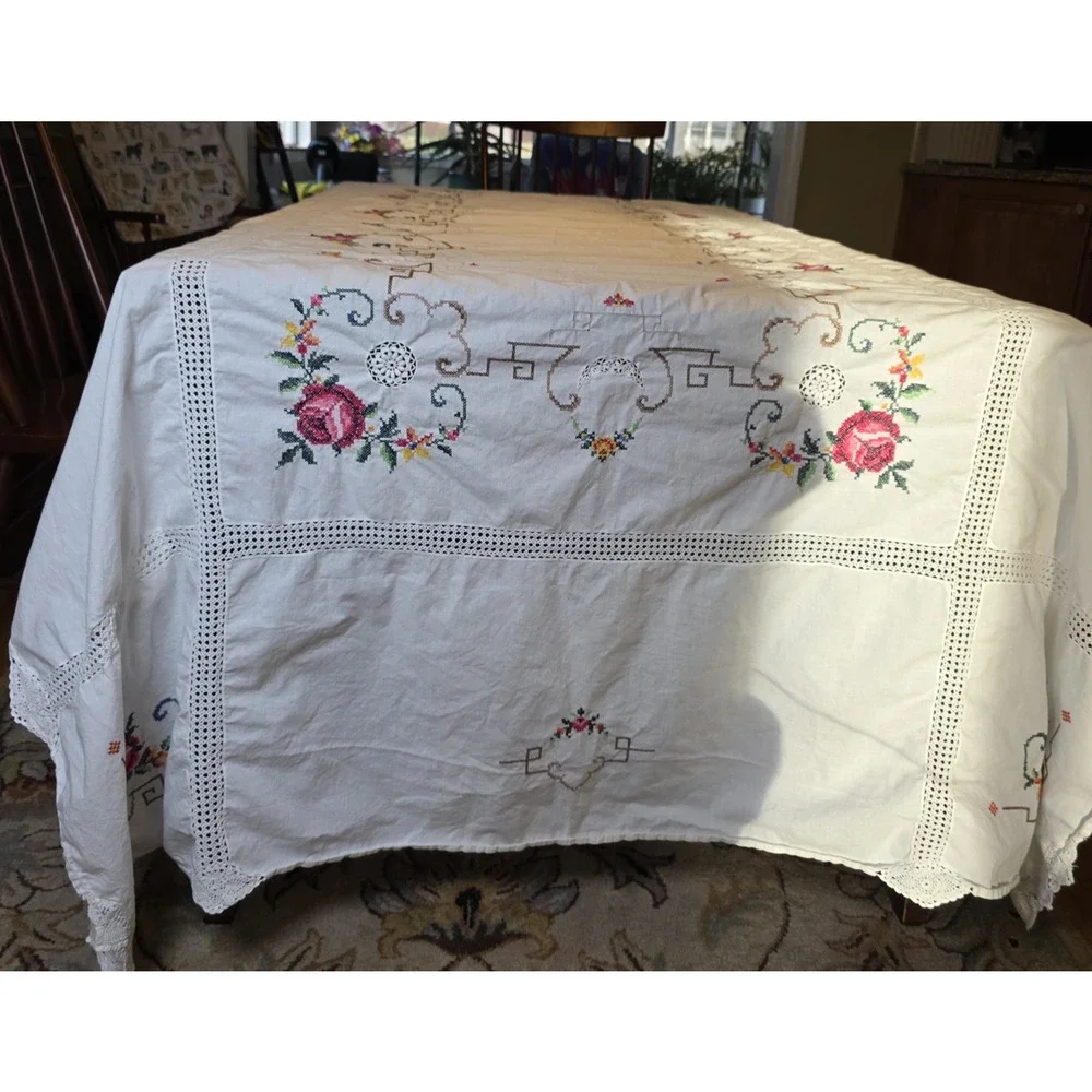 VTG Embroidered Cross Stitch Linen Tablecloth 112x64 White Crochet Edge Handmade
